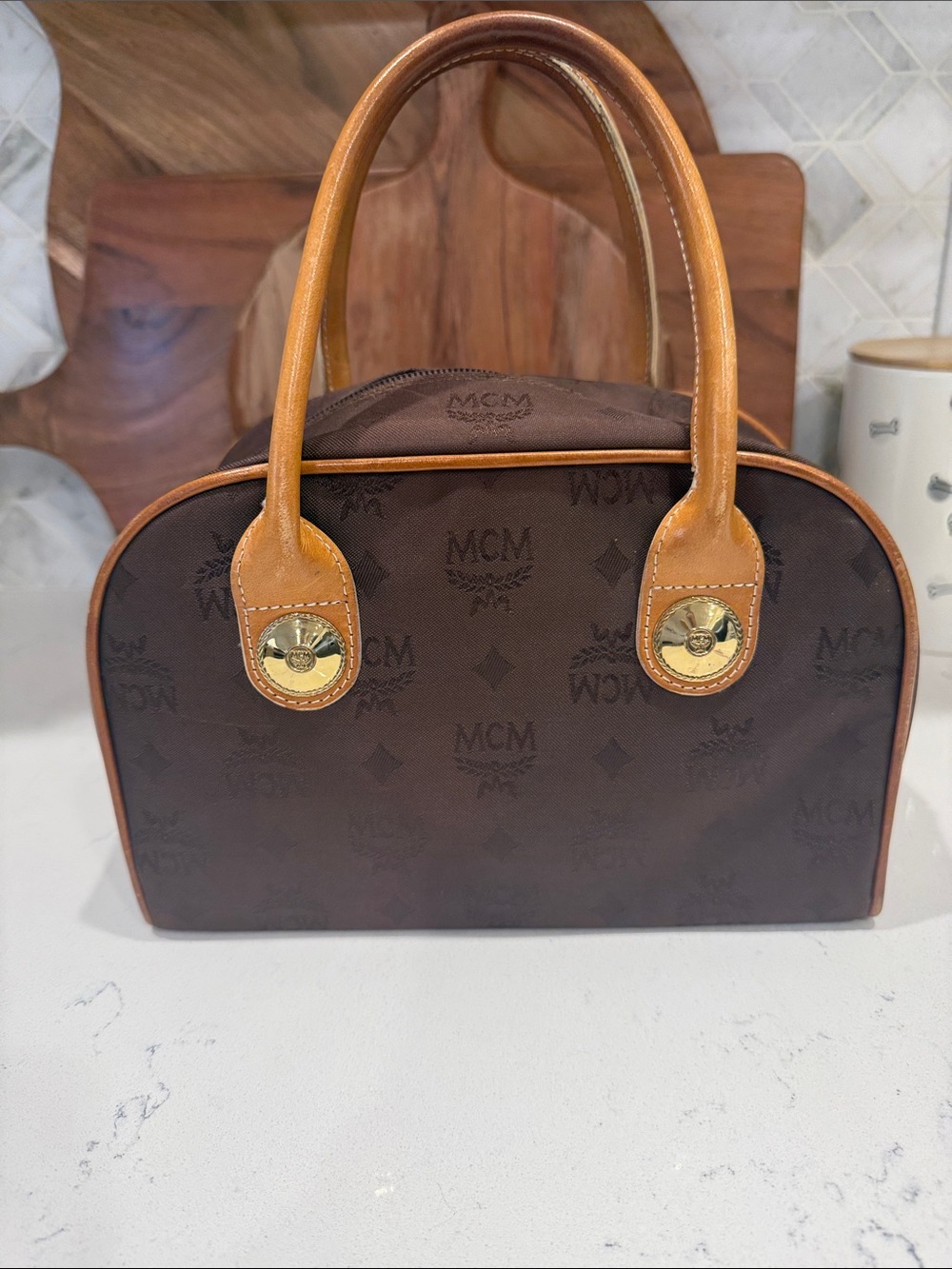 MCM Brown Monogram Dome Satchel with Tan Leather Handles with COA
